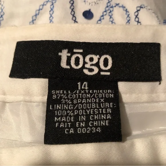 Togo Size 14 White Aline Skirt w Blue Cross Stitch Embroidered Floral Pattern - Picture 7 of 8